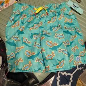 Kids Shark Print Swim Trunks - Teal & Orange - by